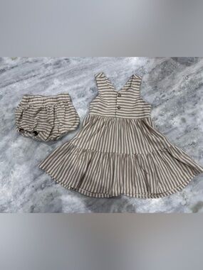 Rylee + Cru Beige and White Striped Tiered Cotton Dress with Bloomers
